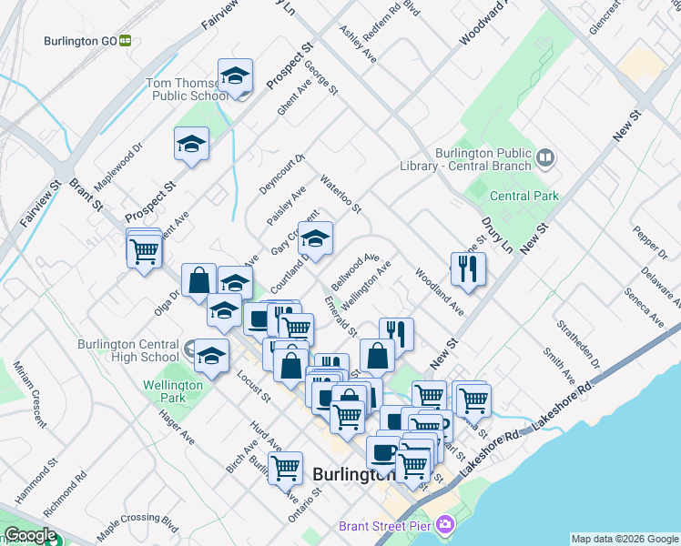 map of restaurants, bars, coffee shops, grocery stores, and more near 2115 Bellwood Avenue in Burlington