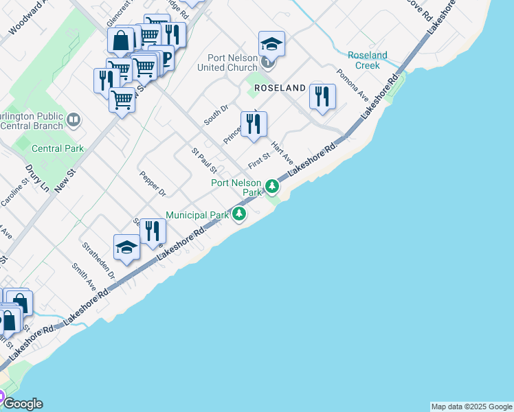 map of restaurants, bars, coffee shops, grocery stores, and more near 225 Saint Paul Street in Burlington
