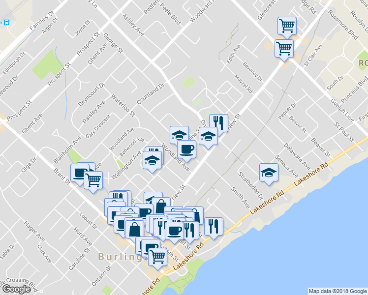map of restaurants, bars, coffee shops, grocery stores, and more near 488 Lorne Street in Burlington