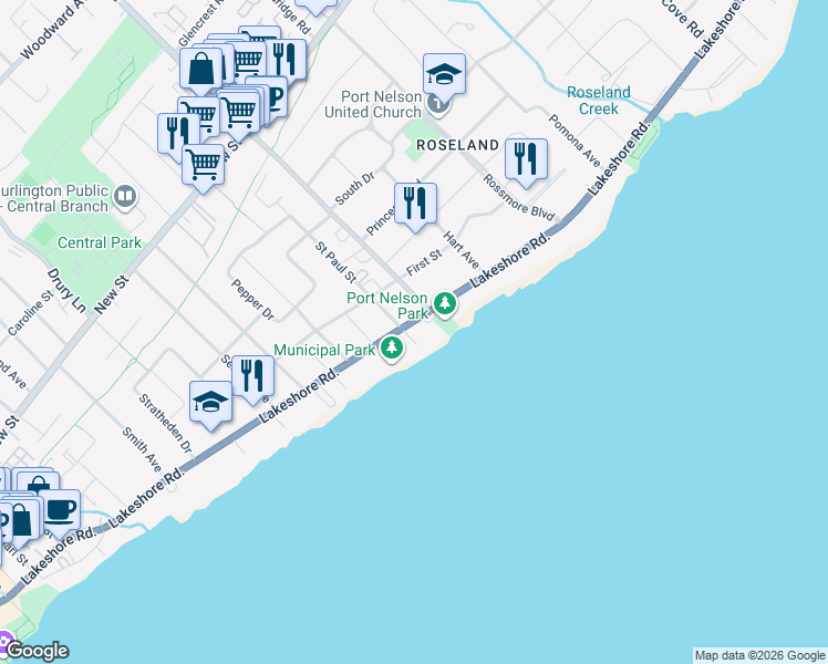 map of restaurants, bars, coffee shops, grocery stores, and more near 220 Saint Paul Street in Burlington