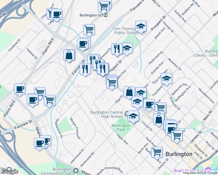 map of restaurants, bars, coffee shops, grocery stores, and more near 1460 Ghent Avenue in Burlington