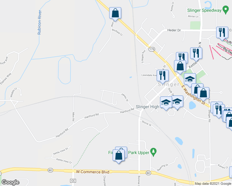 map of restaurants, bars, coffee shops, grocery stores, and more near 301 James Street in Slinger