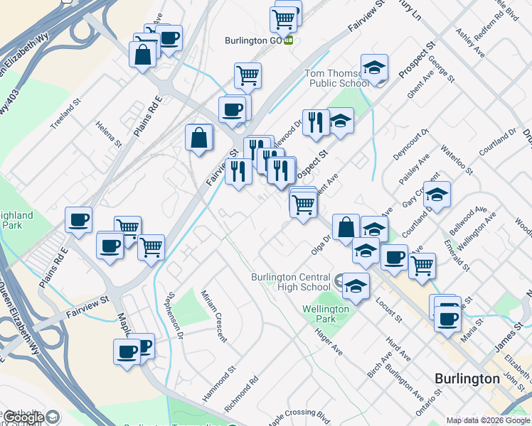 map of restaurants, bars, coffee shops, grocery stores, and more near 796 Brant Street in Burlington