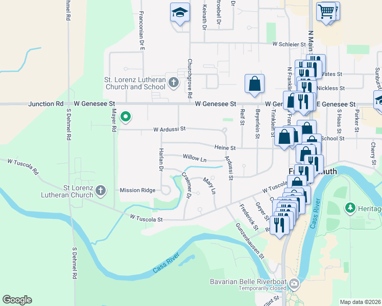 map of restaurants, bars, coffee shops, grocery stores, and more near 674 Heine Street in Frankenmuth