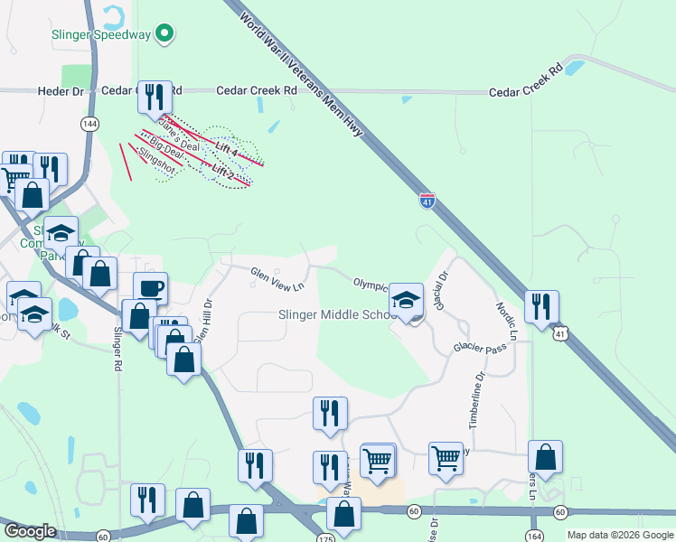 map of restaurants, bars, coffee shops, grocery stores, and more near 1000 Olympic Drive in Slinger