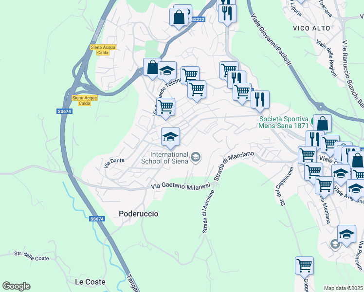 map of restaurants, bars, coffee shops, grocery stores, and more near 43 Strada del Petriccio e Belriguardo in Siena