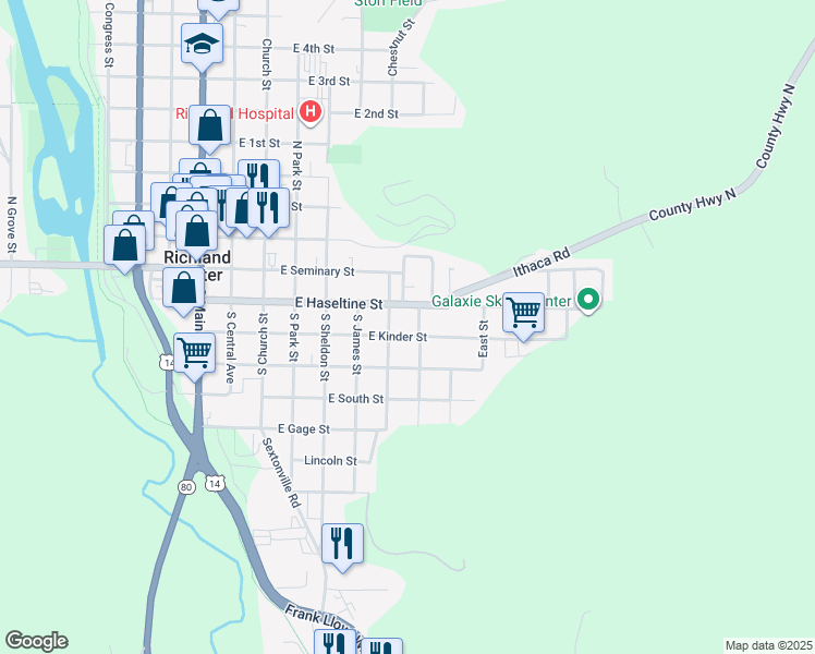 map of restaurants, bars, coffee shops, grocery stores, and more near 701 East Haseltine Street in Richland Center