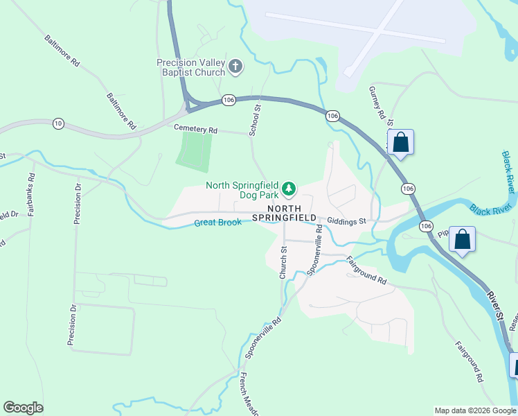 map of restaurants, bars, coffee shops, grocery stores, and more near 57 Main Street in Springfield