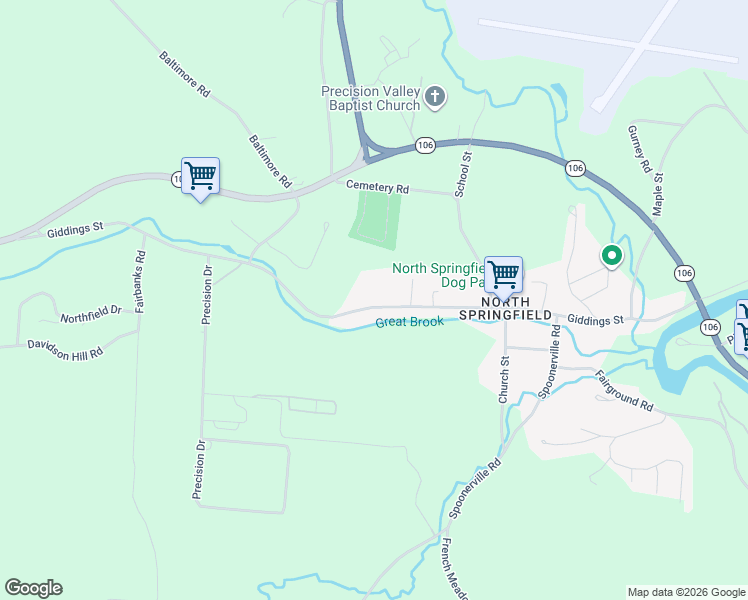 map of restaurants, bars, coffee shops, grocery stores, and more near 105 Main Street in Springfield