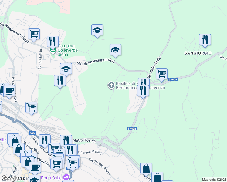 map of restaurants, bars, coffee shops, grocery stores, and more near 7 Strada dell'Osservanza in Siena