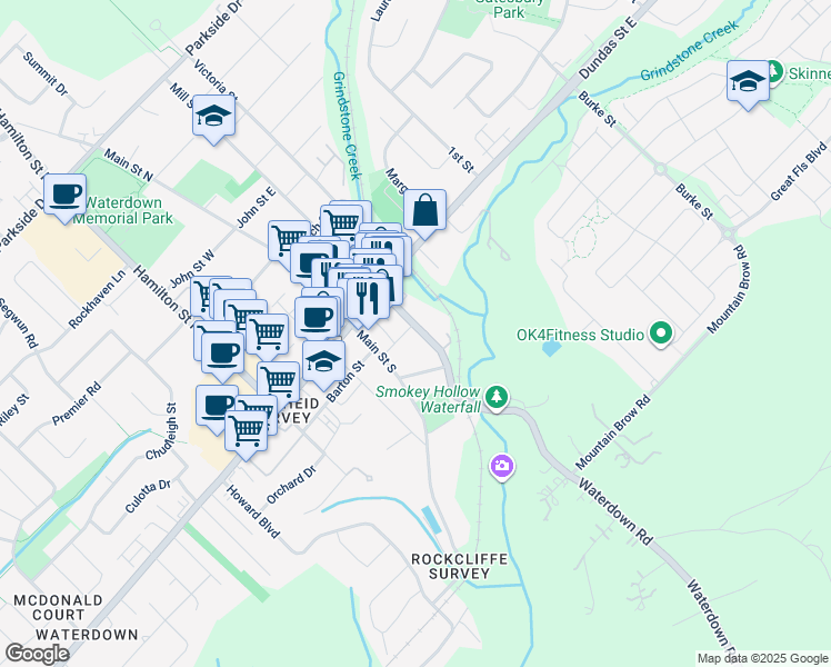 map of restaurants, bars, coffee shops, grocery stores, and more near 33 Mill Street South in Hamilton