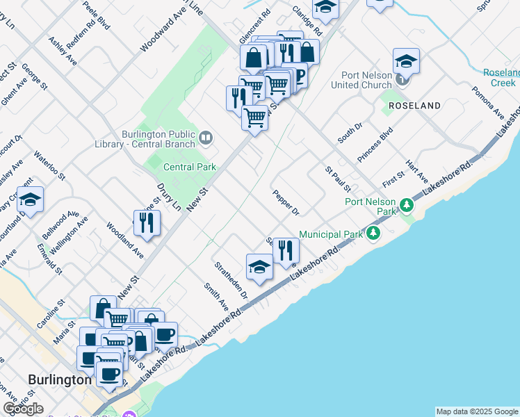 map of restaurants, bars, coffee shops, grocery stores, and more near 376 Delaware Avenue in Burlington