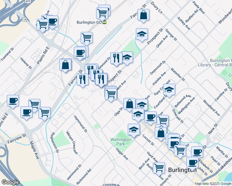 map of restaurants, bars, coffee shops, grocery stores, and more near in Burlington