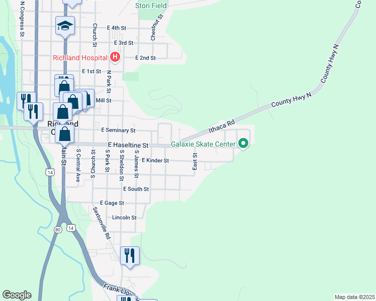 map of restaurants, bars, coffee shops, grocery stores, and more near 825 East Haseltine Street in Richland Center
