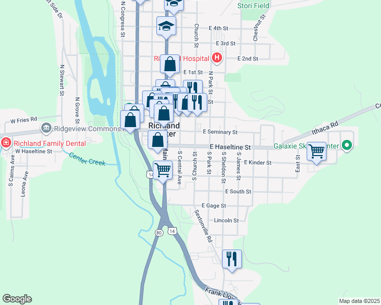 map of restaurants, bars, coffee shops, grocery stores, and more near 316 South Church Street in Richland Center