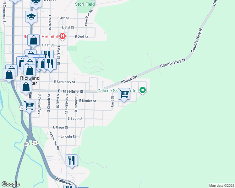 map of restaurants, bars, coffee shops, grocery stores, and more near 953 East Haseltine Street in Richland Center
