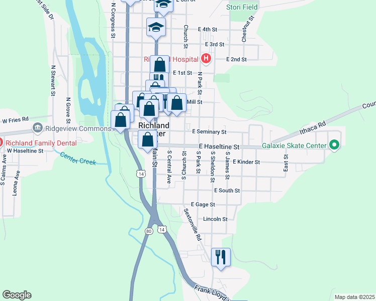 map of restaurants, bars, coffee shops, grocery stores, and more near 307 South Church Street in Richland Center