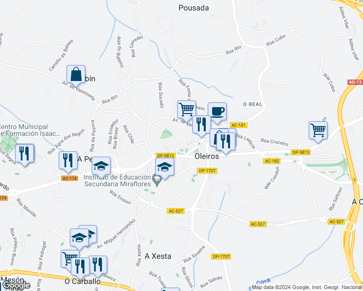 map of restaurants, bars, coffee shops, grocery stores, and more near 6 Rúa Obelisco in Oleiros