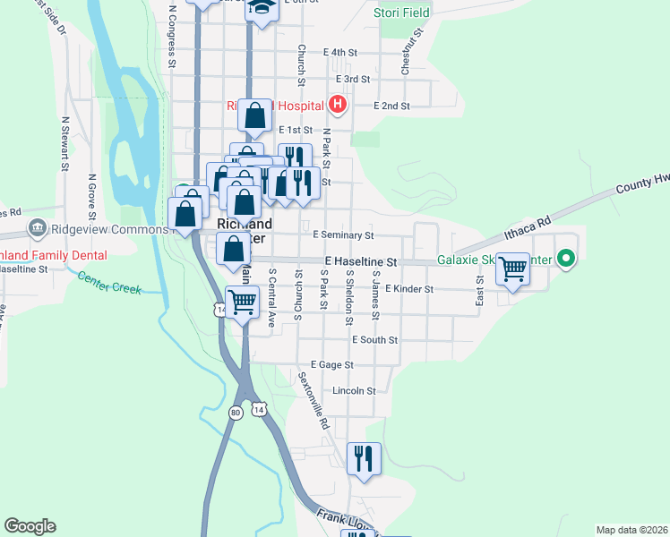 map of restaurants, bars, coffee shops, grocery stores, and more near 337 East Haseltine Street in Richland Center