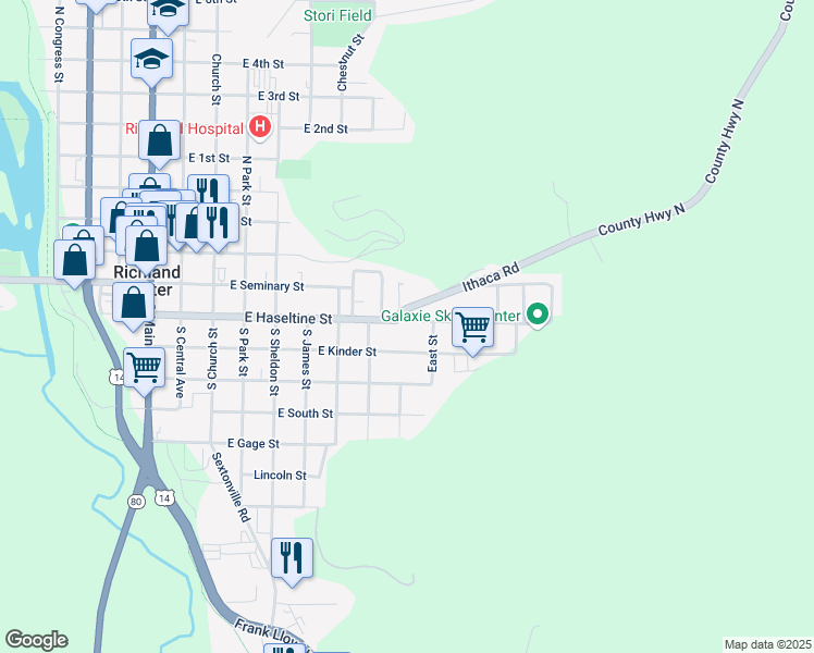 map of restaurants, bars, coffee shops, grocery stores, and more near 825 East Haseltine Street in Richland Center