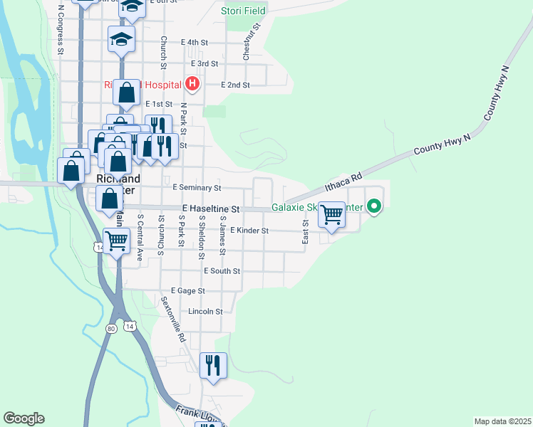 map of restaurants, bars, coffee shops, grocery stores, and more near 701 East Haseltine Street in Richland Center