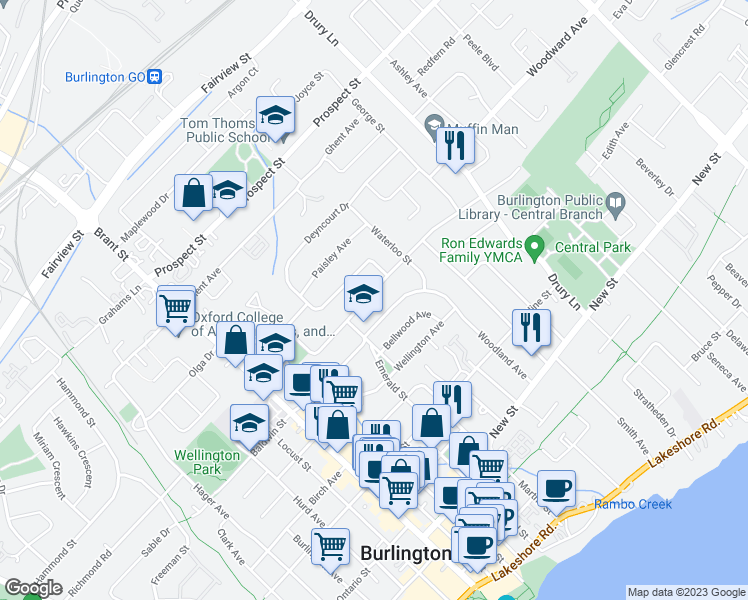 map of restaurants, bars, coffee shops, grocery stores, and more near 2126 Courtland Drive in Burlington