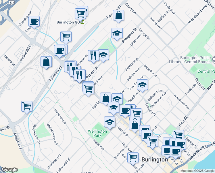 map of restaurants, bars, coffee shops, grocery stores, and more near 722 Courtland Place in Burlington