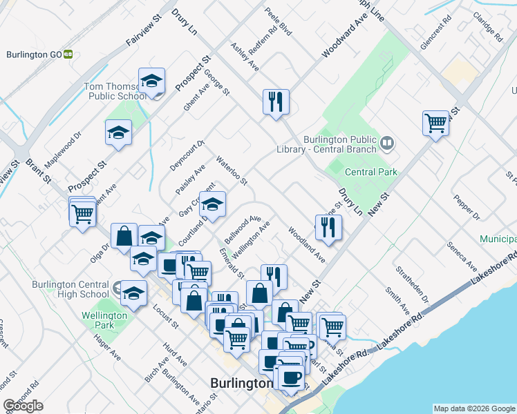 map of restaurants, bars, coffee shops, grocery stores, and more near 586 Woodland Avenue in Burlington
