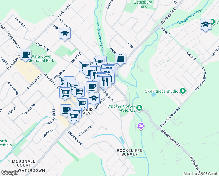 map of restaurants, bars, coffee shops, grocery stores, and more near 25 Franklin Street in Hamilton