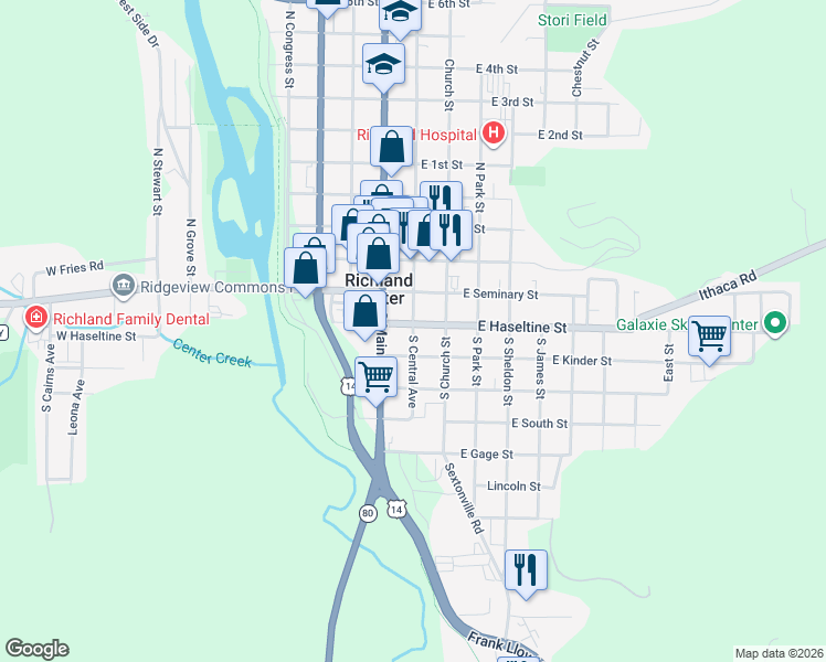map of restaurants, bars, coffee shops, grocery stores, and more near 323 S Central Ave in Richland Center