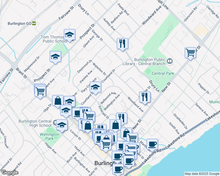 map of restaurants, bars, coffee shops, grocery stores, and more near 600 Woodland Avenue in Burlington