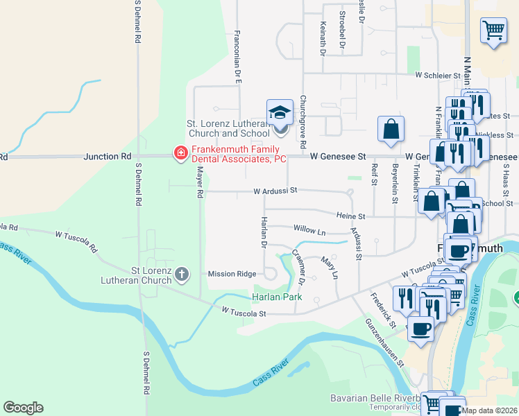 map of restaurants, bars, coffee shops, grocery stores, and more near 226 Harlan Drive in Frankenmuth