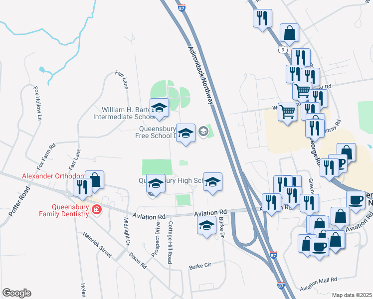map of restaurants, bars, coffee shops, grocery stores, and more near 431 Aviation Road in Queensbury