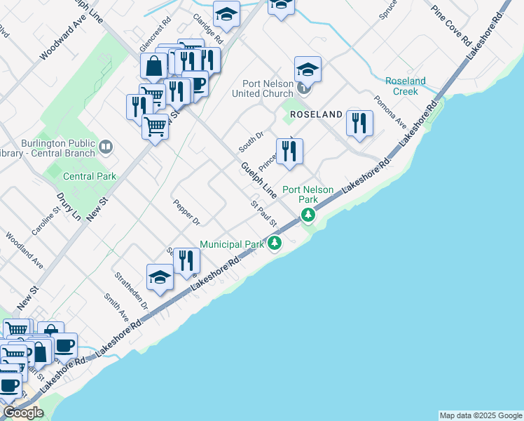 map of restaurants, bars, coffee shops, grocery stores, and more near 2430 First Street in Burlington