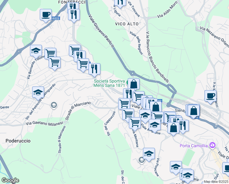 map of restaurants, bars, coffee shops, grocery stores, and more near Viale Achille Sclavo in Siena