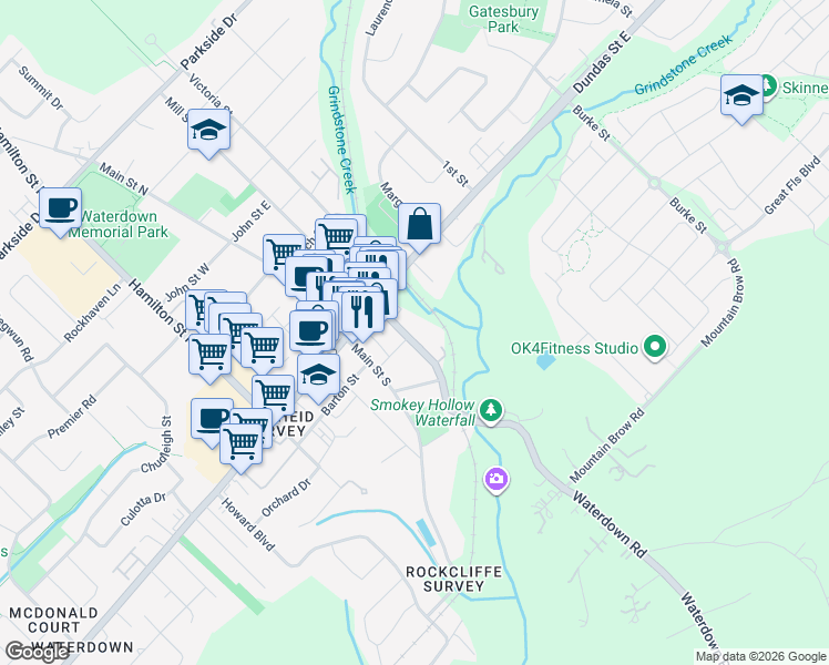 map of restaurants, bars, coffee shops, grocery stores, and more near 33 Mill Street South in Hamilton