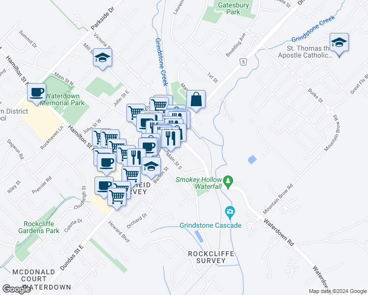 map of restaurants, bars, coffee shops, grocery stores, and more near 25 Franklin Street in Hamilton