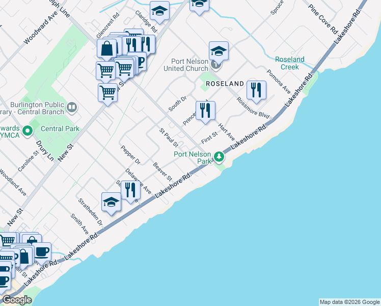 map of restaurants, bars, coffee shops, grocery stores, and more near 2432 First Street in Burlington
