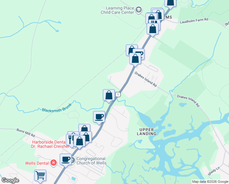 map of restaurants, bars, coffee shops, grocery stores, and more near 2060 Post Road in Wells
