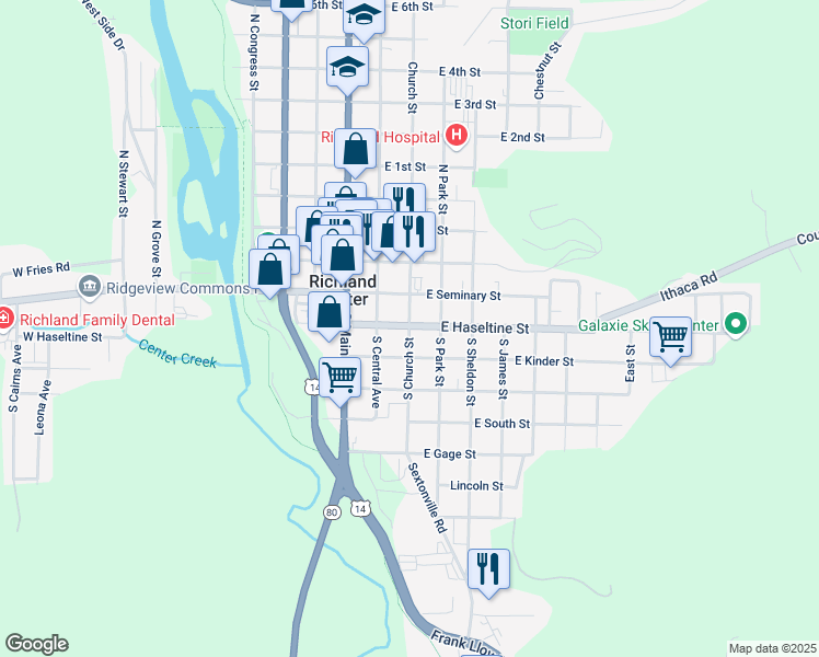map of restaurants, bars, coffee shops, grocery stores, and more near 307 S Church St in Richland Center