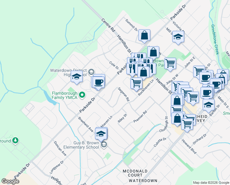 map of restaurants, bars, coffee shops, grocery stores, and more near 22 Segwun Road in Hamilton