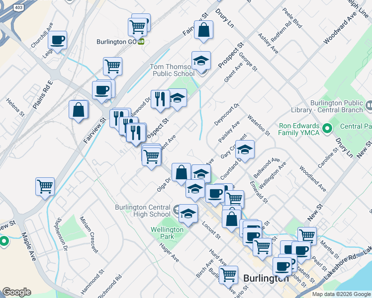 map of restaurants, bars, coffee shops, grocery stores, and more near 724 Courtland Place in Burlington