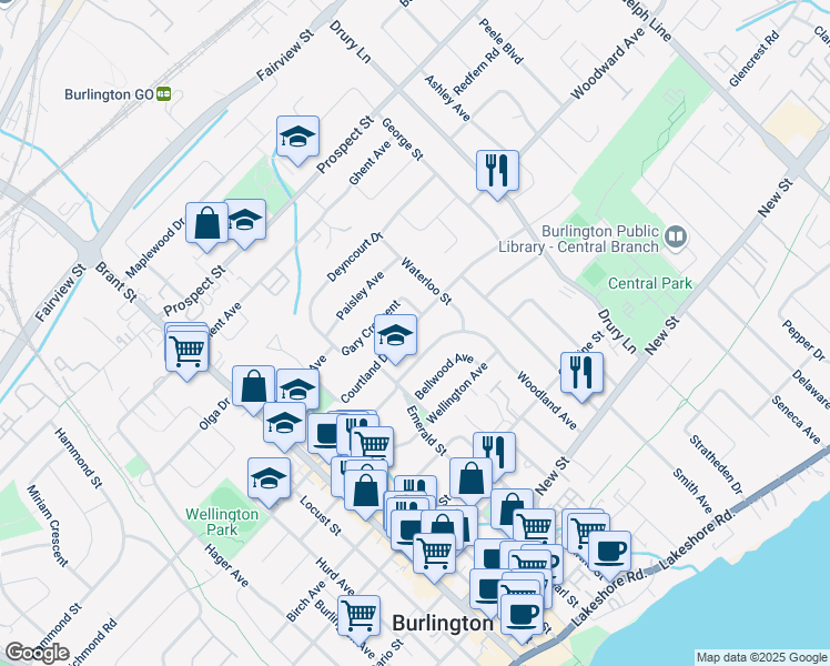 map of restaurants, bars, coffee shops, grocery stores, and more near 2136 Courtland Drive in Burlington
