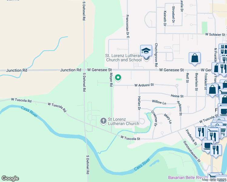 map of restaurants, bars, coffee shops, grocery stores, and more near 225 Mayer Road in Frankenmuth