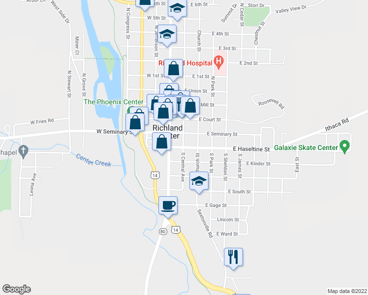 map of restaurants, bars, coffee shops, grocery stores, and more near 159 East Haseltine Street in Richland Center