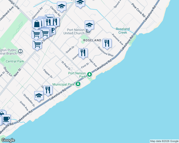 map of restaurants, bars, coffee shops, grocery stores, and more near 3022 Lakeshore Road in Burlington