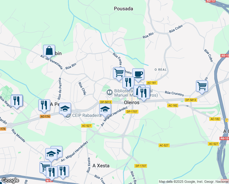 map of restaurants, bars, coffee shops, grocery stores, and more near 6 Rúa Obelisco in Oleiros