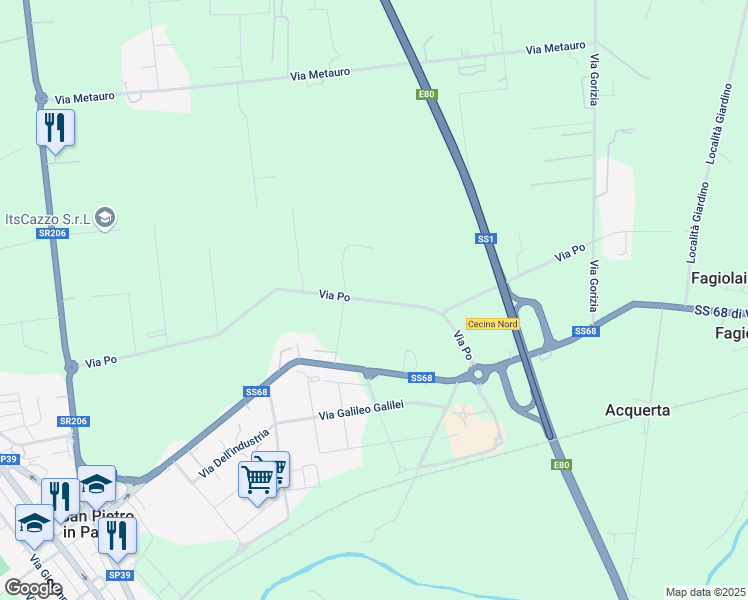 map of restaurants, bars, coffee shops, grocery stores, and more near 17 Via Po in Cecina