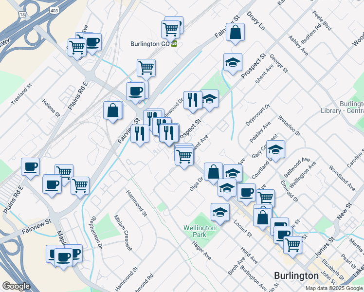 map of restaurants, bars, coffee shops, grocery stores, and more near 761 Brant Street in Burlington