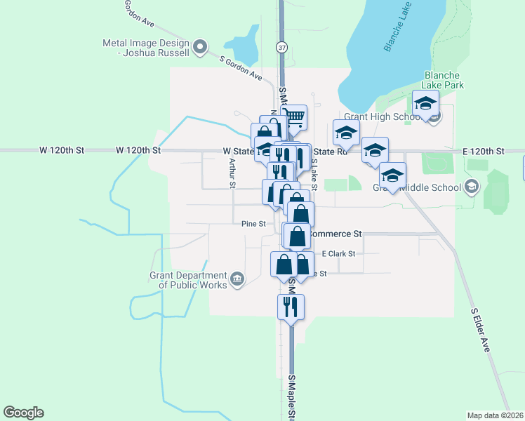 map of restaurants, bars, coffee shops, grocery stores, and more near 163 South Front Street in Grant